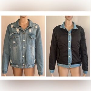 Jocelyn Distressed Reversible Blue Black Jean Jacket Size M